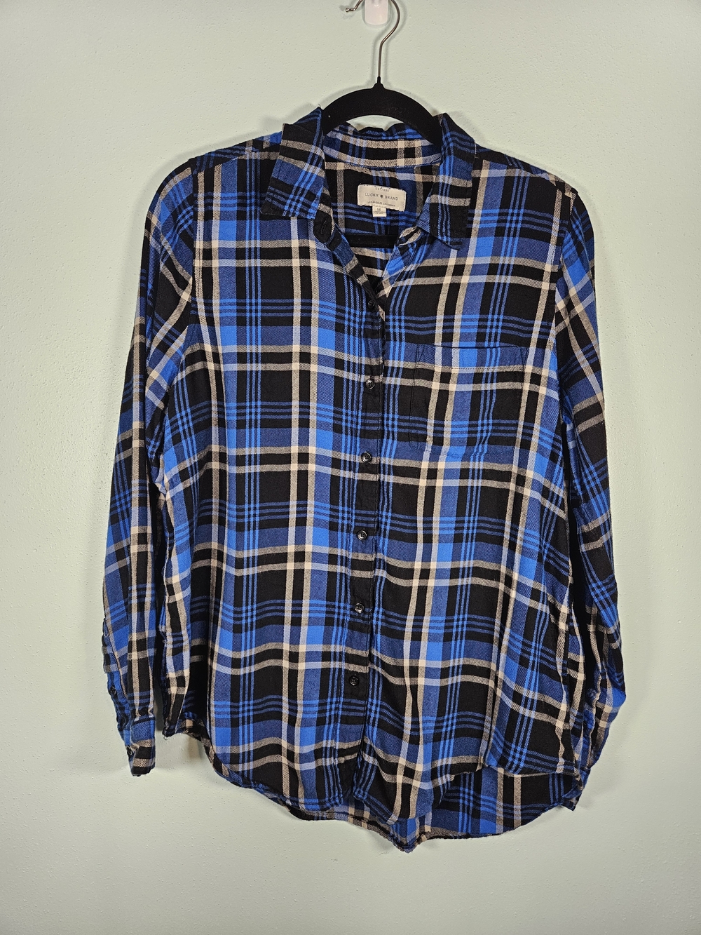 Lucky Brand Black Blue and Cream Plaid Button-Up Shirt